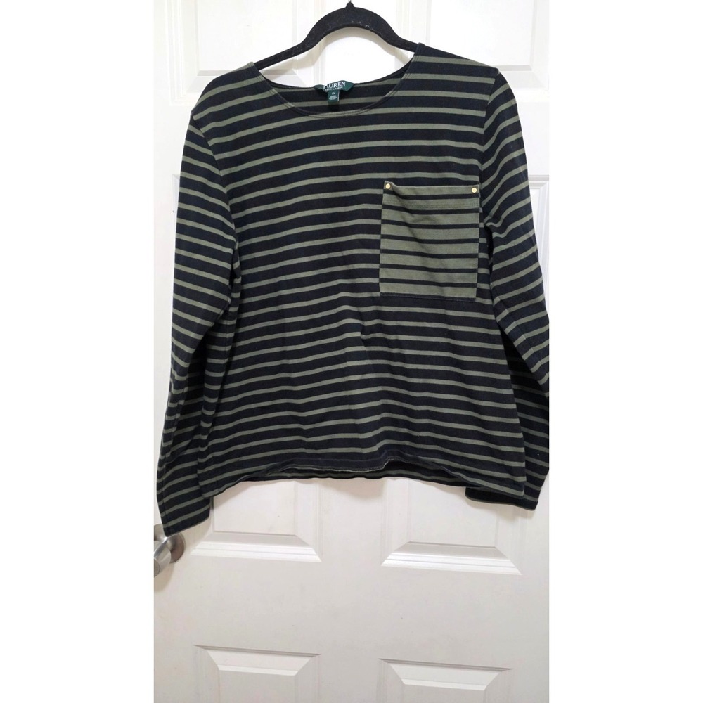 Lauren Ralph Lauren Women Black & Green Striped Long Sleeve Shirt W/ Pocket XL - Picture 2 of 7